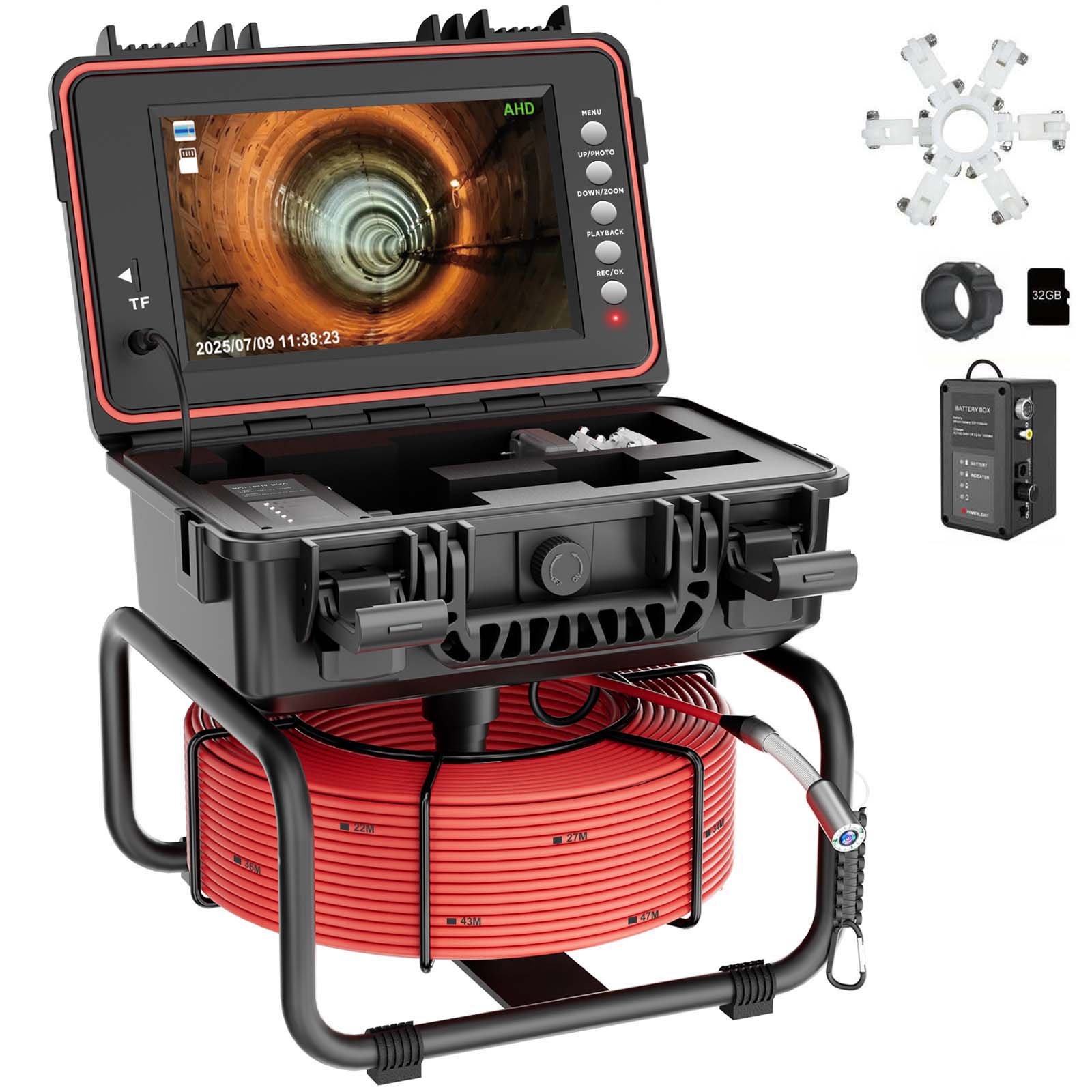 Self-leveling 1080P sewer inspection camera with built-in 512Hz sonde, 9-inch IPS monitor and heavy-duty push cable for professional plumbing inspections