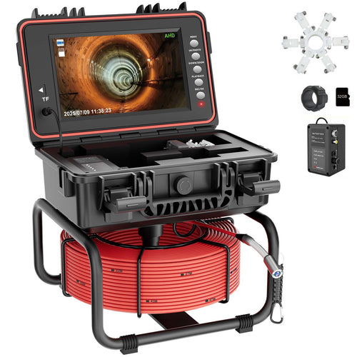 Self-leveling 1080P sewer inspection camera with built-in 512Hz sonde, 9-inch IPS monitor and heavy-duty push cable for professional plumbing inspections