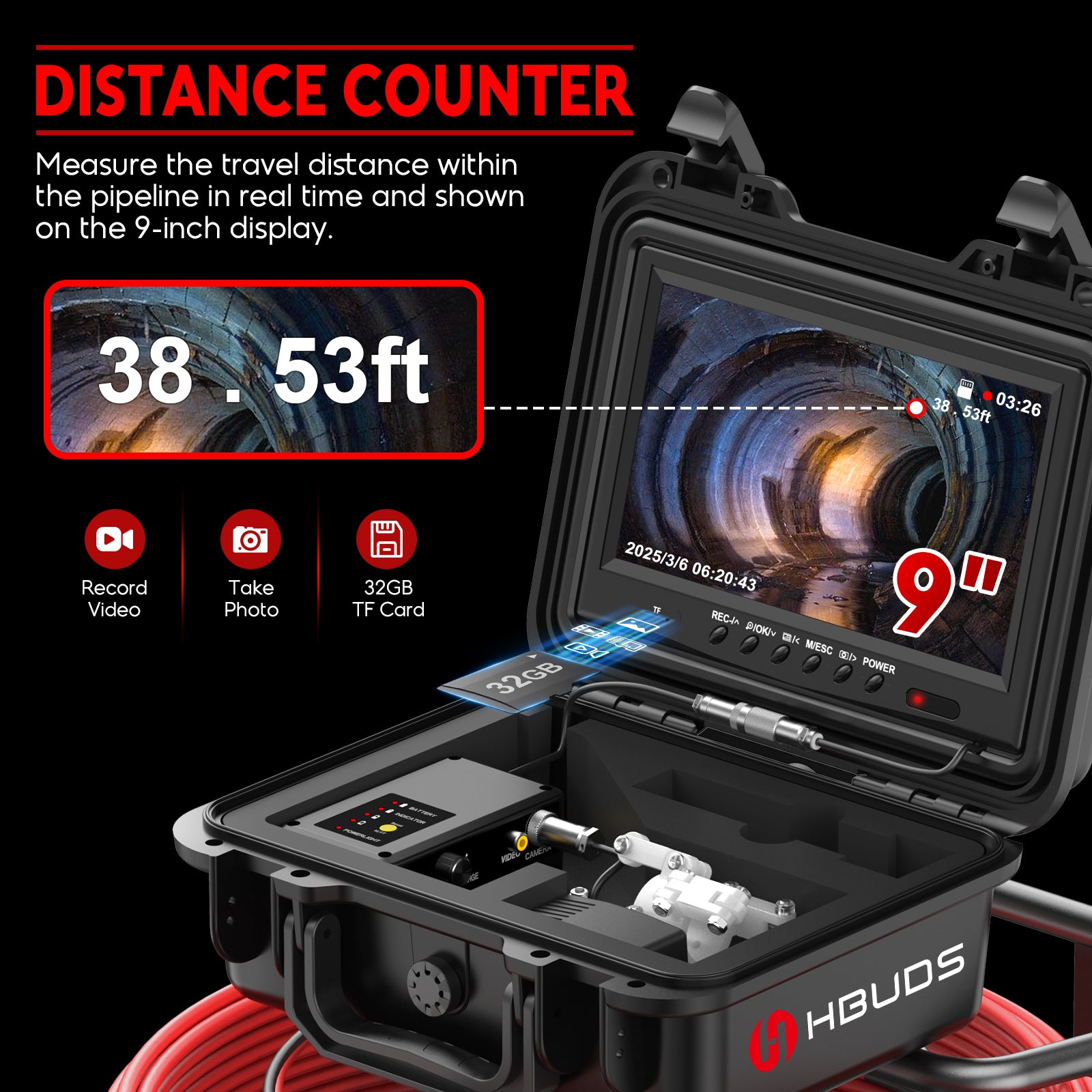 Pipeline inspection camera with display and distance counter on a black background