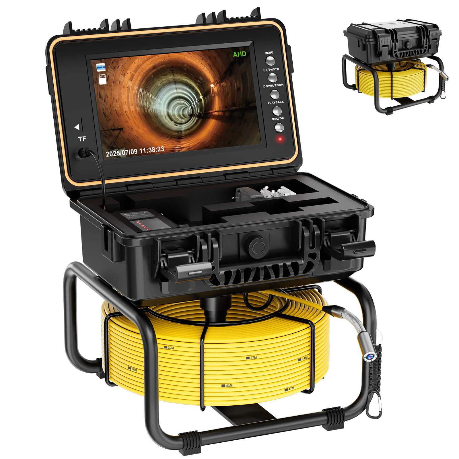 Self-leveling 1080P sewer inspection camera with built-in 512Hz sonde, 9-inch IPS monitor and heavy-duty push cable for professional plumbing inspections