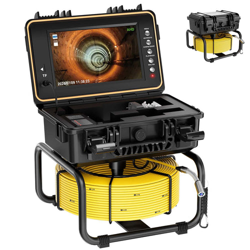 Self-leveling 1080P sewer inspection camera with built-in 512Hz sonde, 9-inch IPS monitor and heavy-duty push cable for professional plumbing inspections