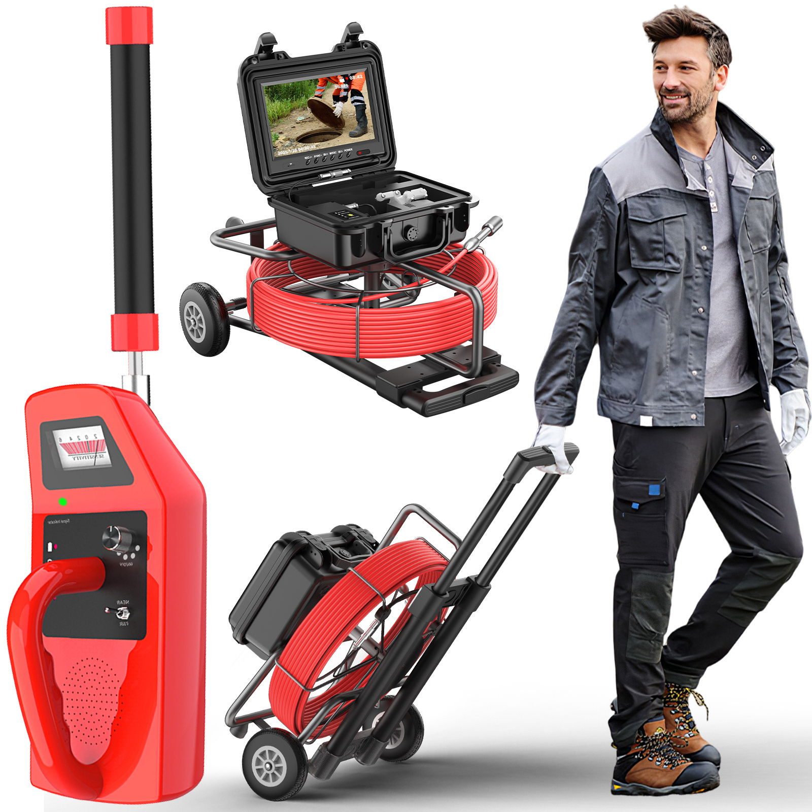 Collage of a red and black inspection camera system with a man in work attire.