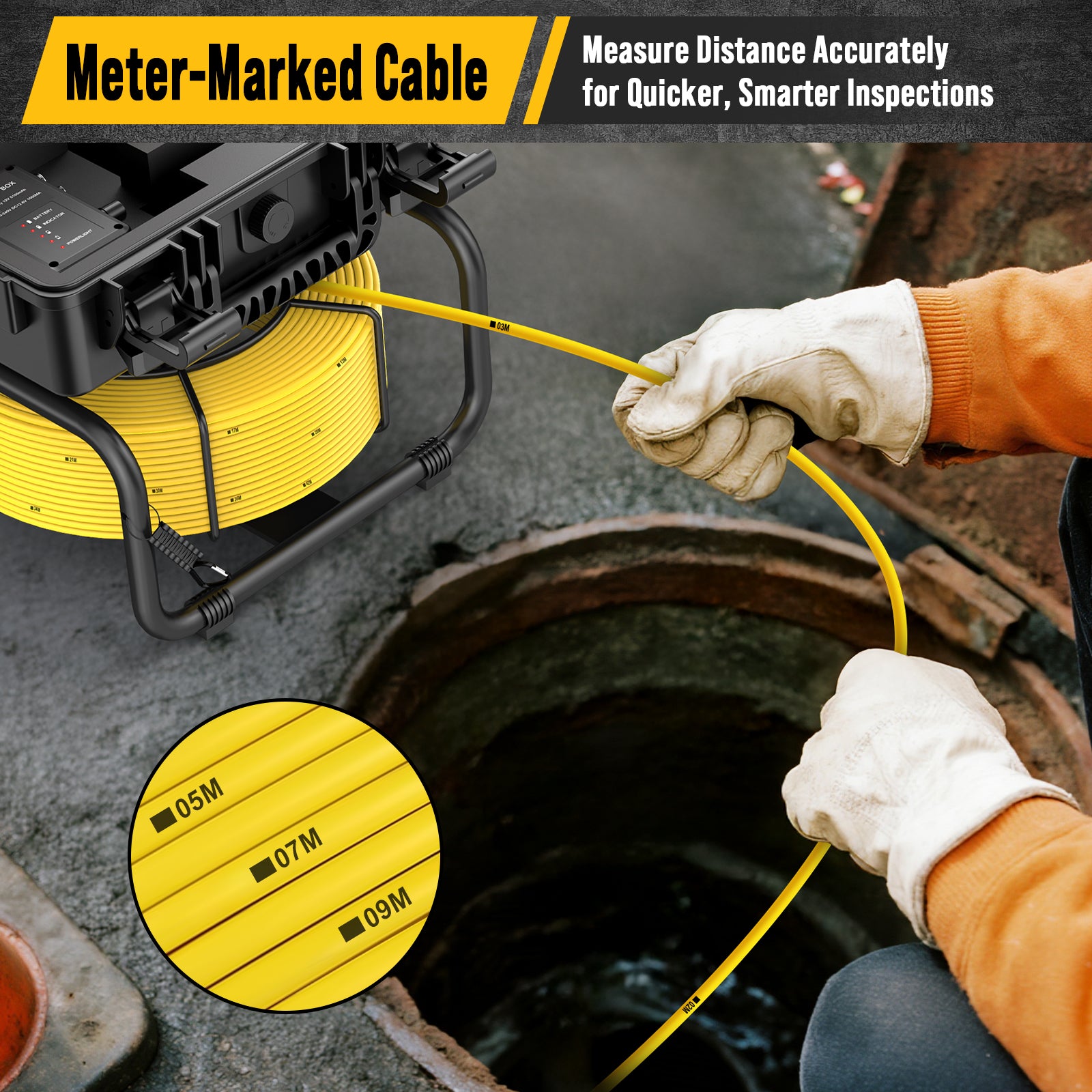 Person using the pipe inspection camera and a close up of a yellow meter-marked cable for inspection work, with close-up of cable details