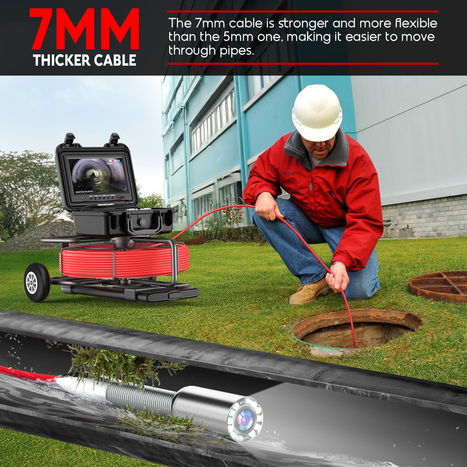 Person using a sewer inspection camera with a 7mm thicker cable in an outdoor setting.