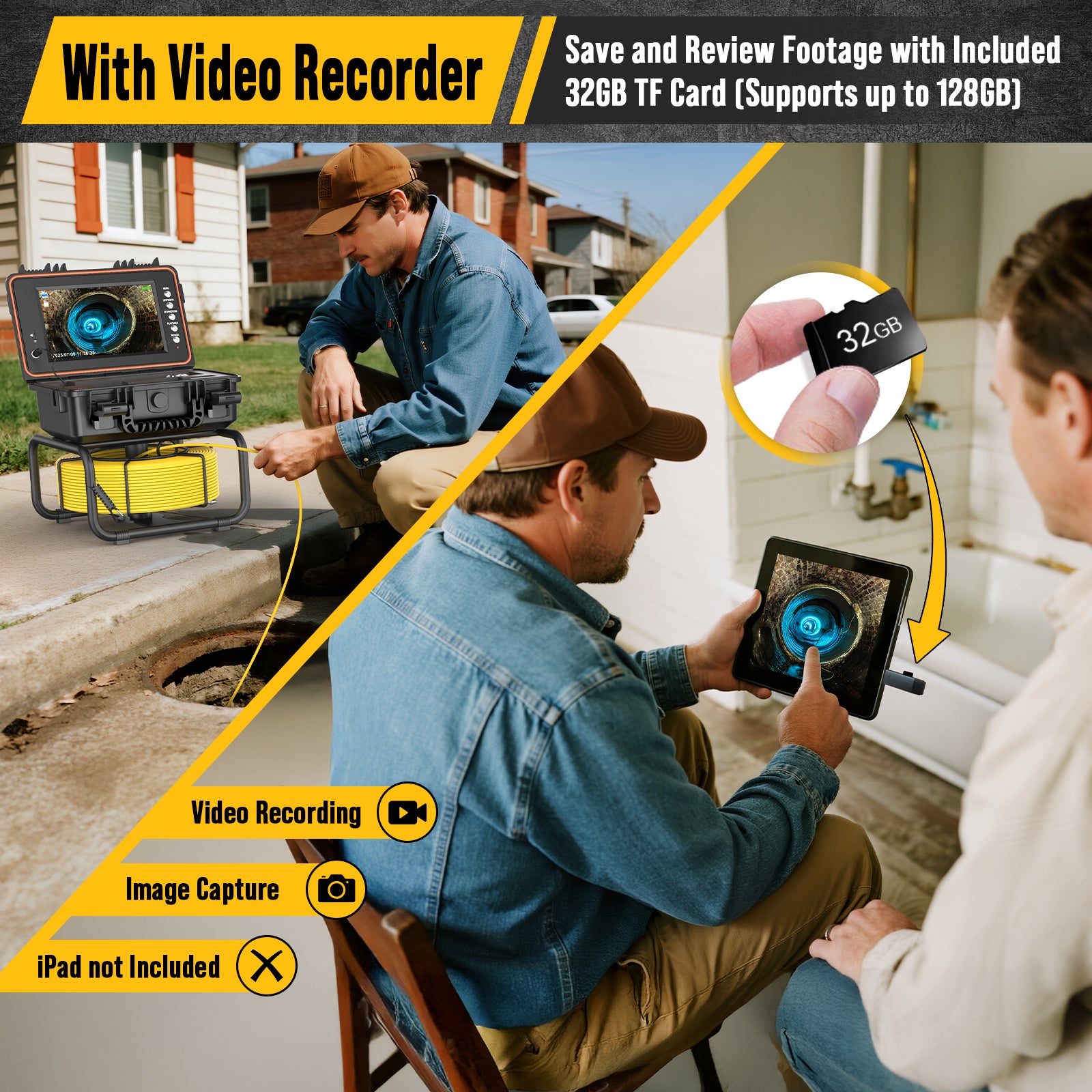 Person using a sewer pipe inspection camera with a 32GB TF card, showing video recording and image capture features.