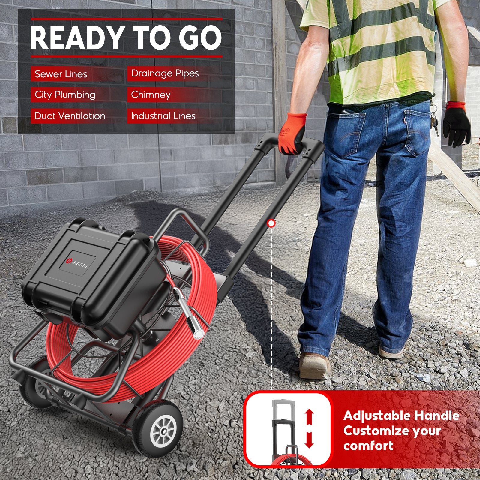 Person wheeling the sewer pipe inspection camera, wearing a high-visibility jacket and gloves, against a brick wall.