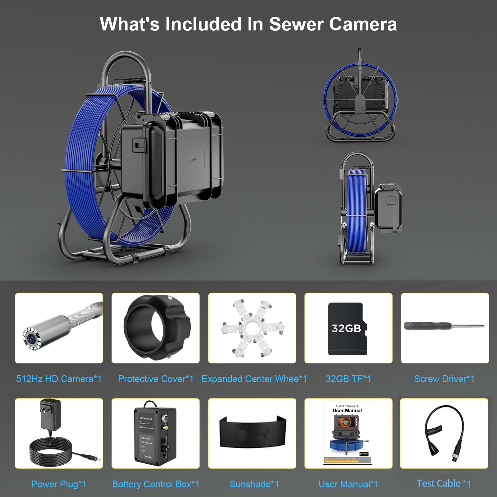Sewer camera set with various components displayed on a gray background