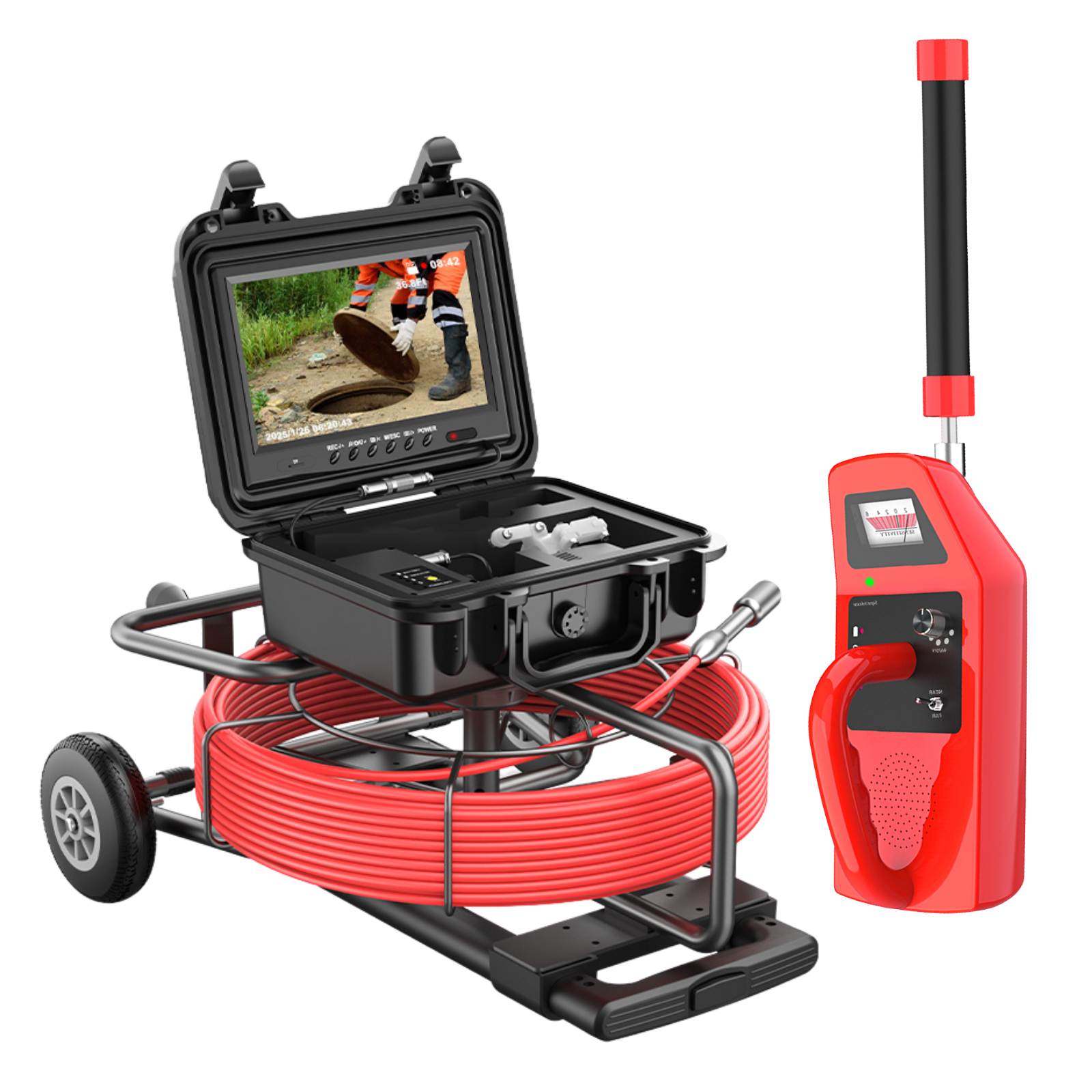 Pipe inspection camera system with monitor, wheels and red cable on a white background