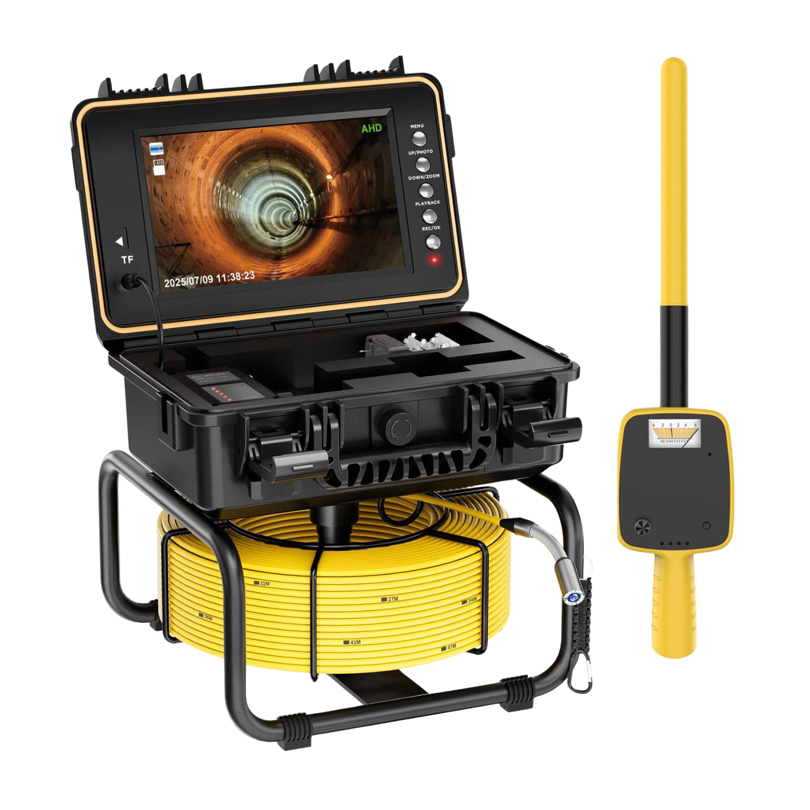 Self-leveling 1080P sewer inspection camera with built-in 512Hz sonde, 9-inch IPS monitor and heavy-duty push cable for professional plumbing inspections