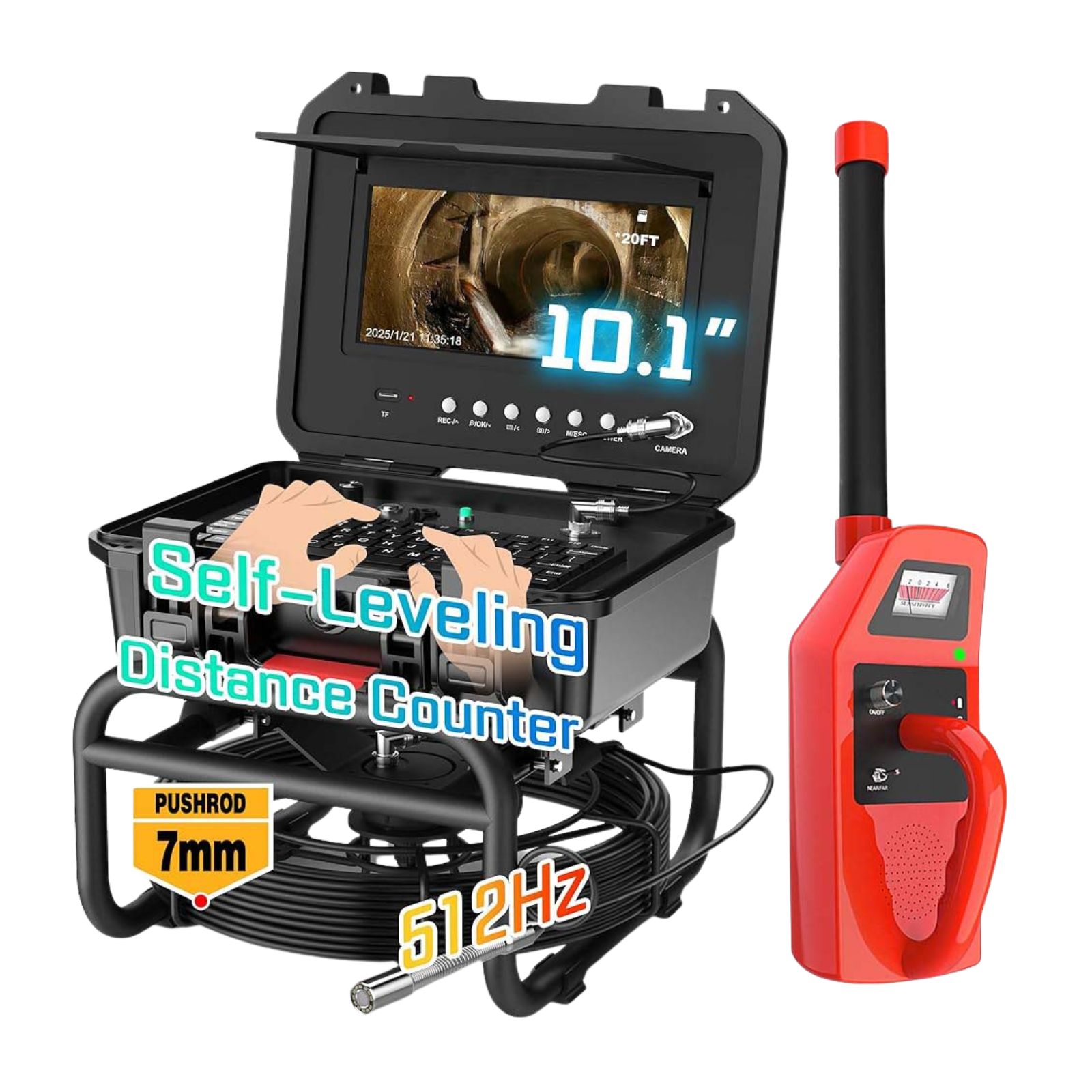 Self-leveling 1080P sewer inspection camera with built-in 512Hz sonde, 10.1-inch IPS monitor and heavy-duty push cable for professional plumbing inspections