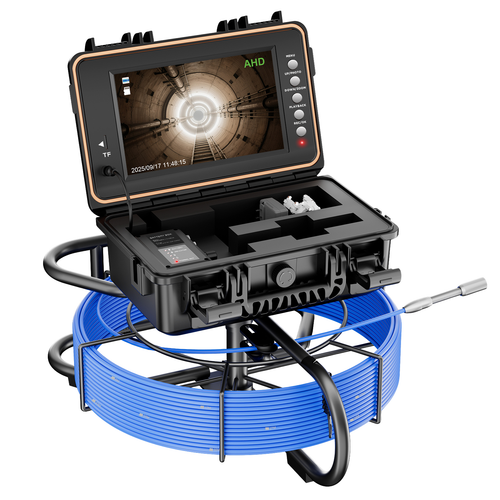 Self-leveling 1080P sewer inspection camera with built-in 512Hz sonde, 9-inch IPS monitor and heavy-duty push cable for professional plumbing inspections